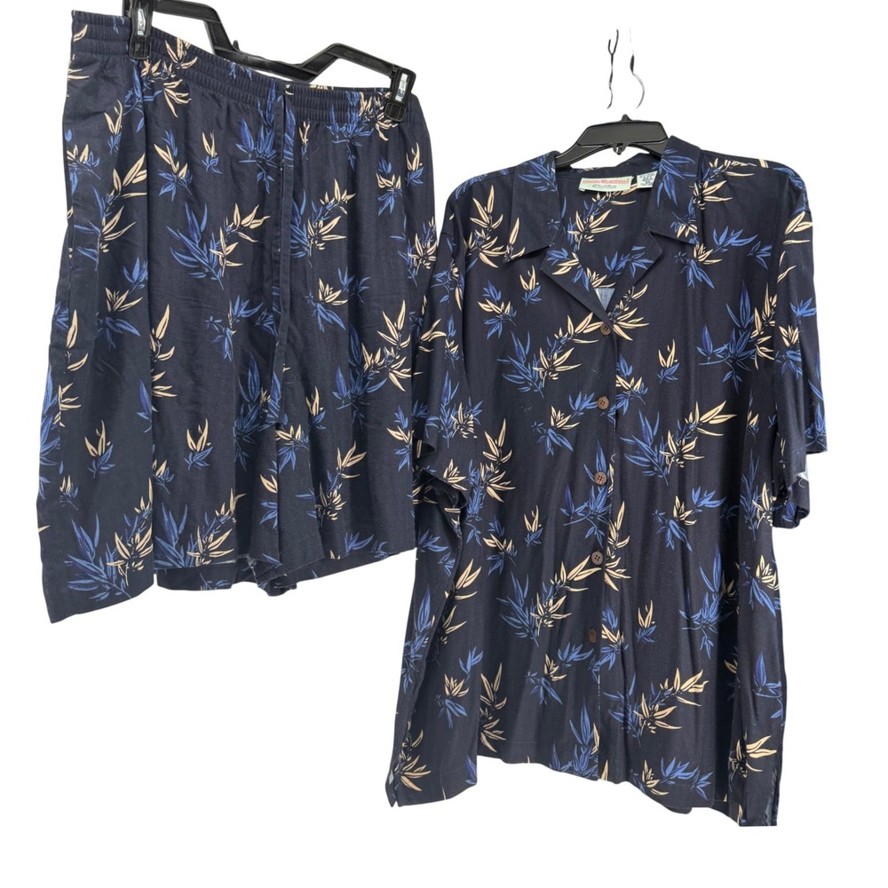 VTG Boca Classic Button Up Shirt Short Set Women 3X Navy Tropical Coastal Resort